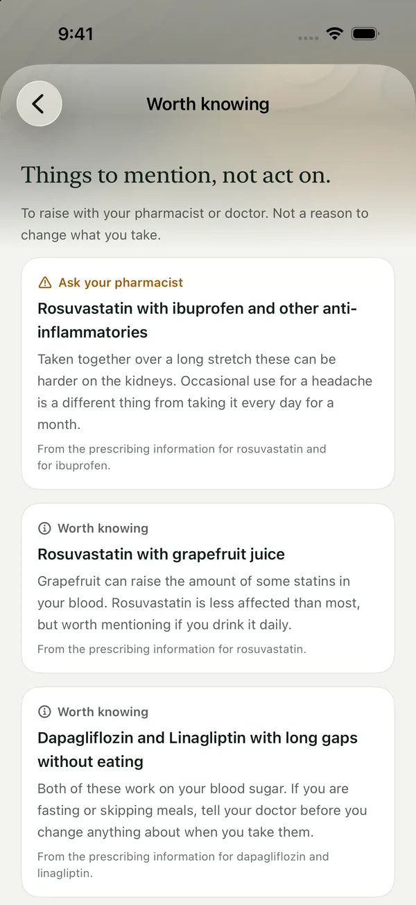 Worth knowing in POP by Kwelio: things to mention to a pharmacist or doctor, each with its source