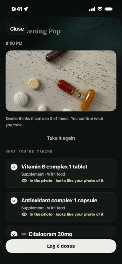The photo in the app, with the note: Kwelio thinks it can see 3 of these. You confirm what you took. Two medicines are marked: in the photo, looks like your photo of it.