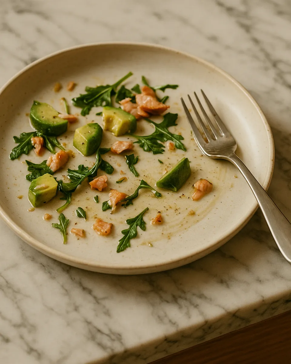 A plate with the last of a salmon, avocado and rocket salad, and a fork resting on it