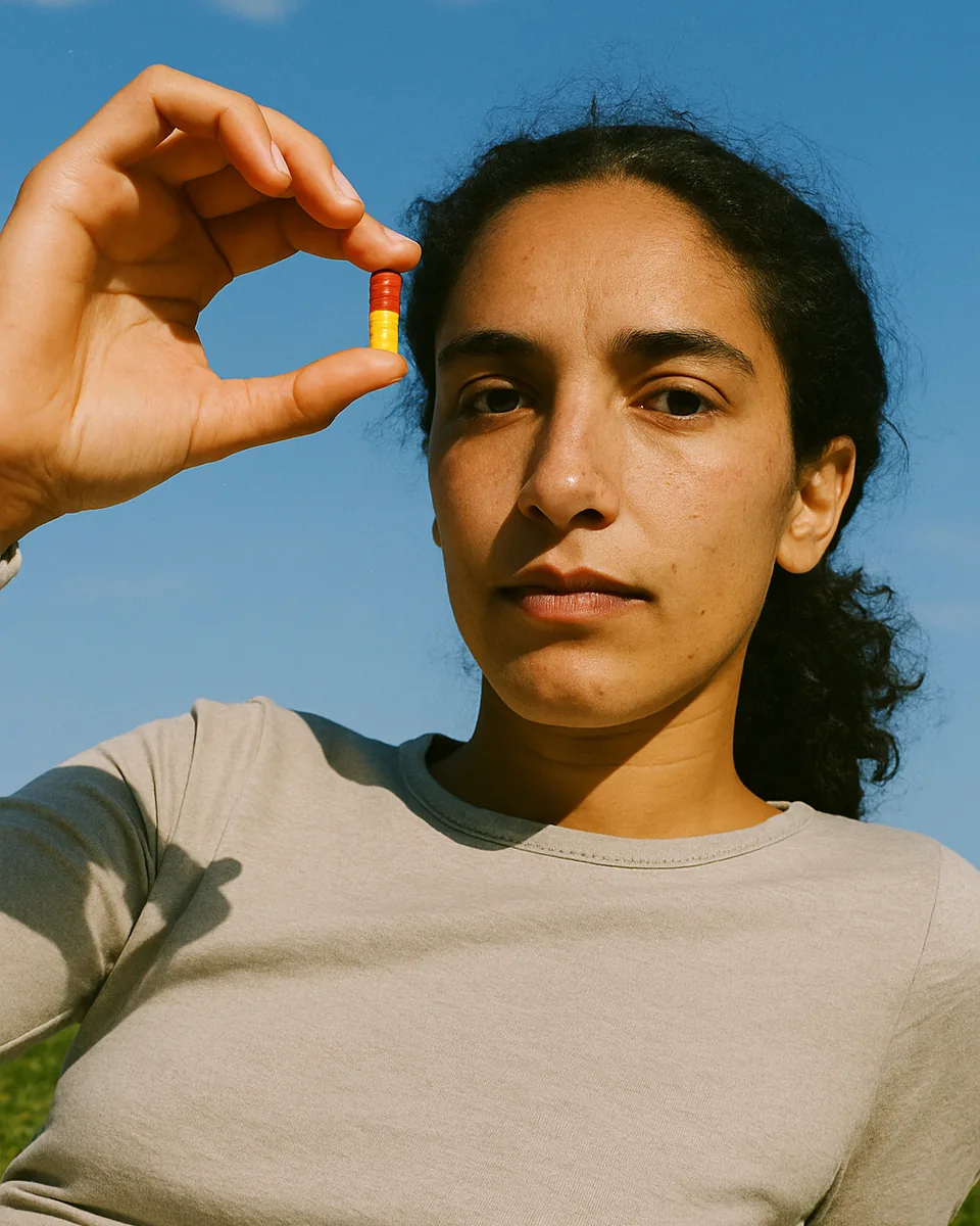 A woman outdoors in bright sun, a clear blue sky behind her, holding up a capsule