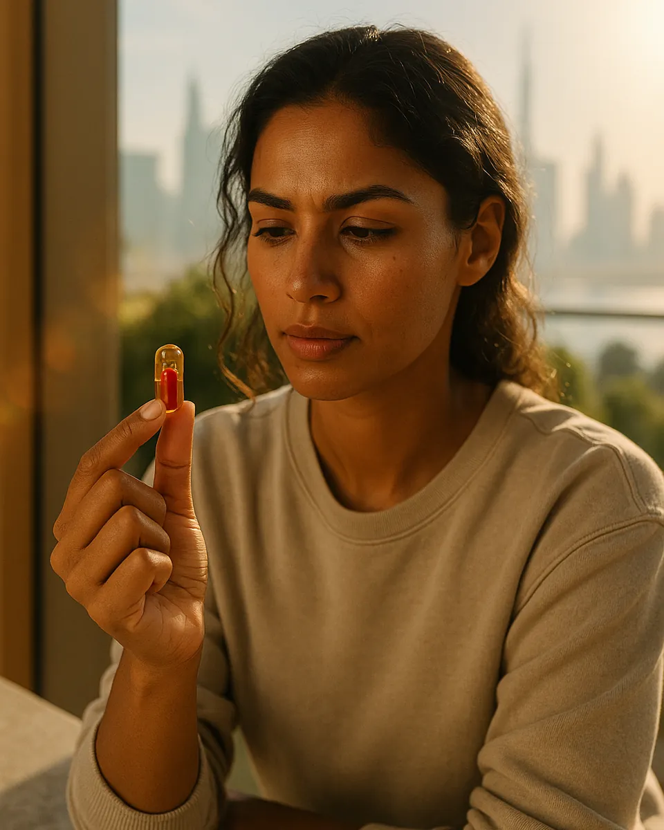 A woman by a window, the Dubai skyline behind her, looking at a capsule between her fingers