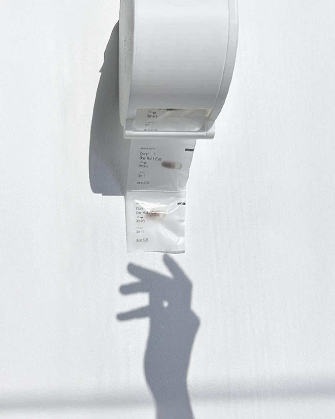 A white LioBox mounted on a wall, a strip of sachets hanging from its slot, with the shadow of a hand reaching for it