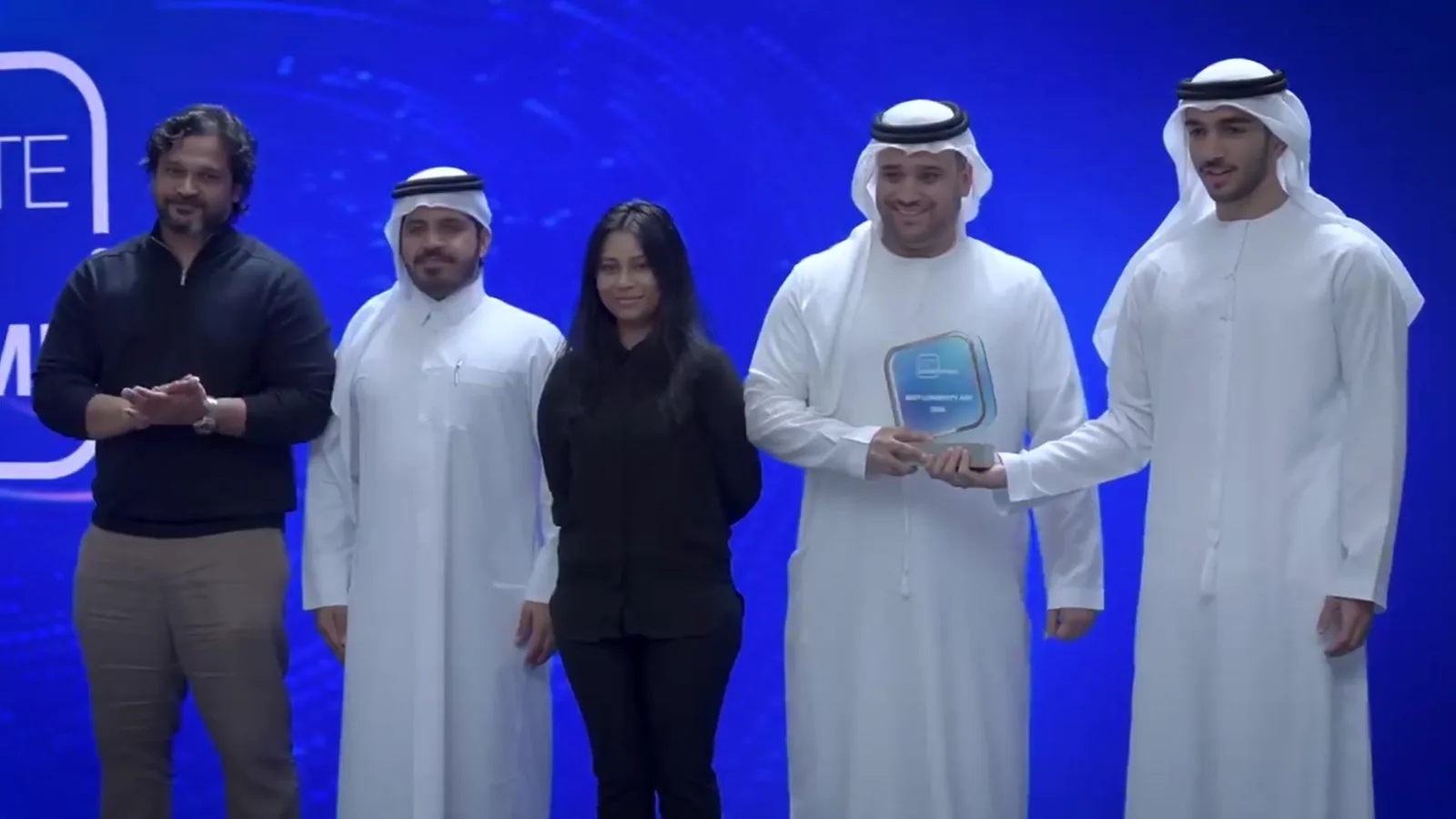The Kwelio team on stage receiving the Dubai&rsquo;s App of the Year 2026 trophy at the Create Apps Championship